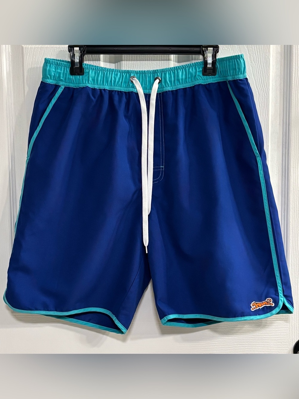 Le Tigre Swim Trunks Mens Large Blue Aqua Retro Swim Shorts Lined 8” Inseam LN